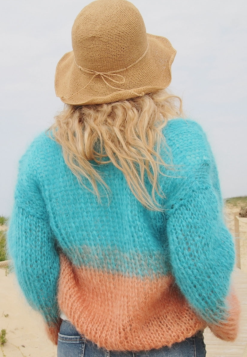 GILET MOHAIR TURQUOISE/ABRICOT