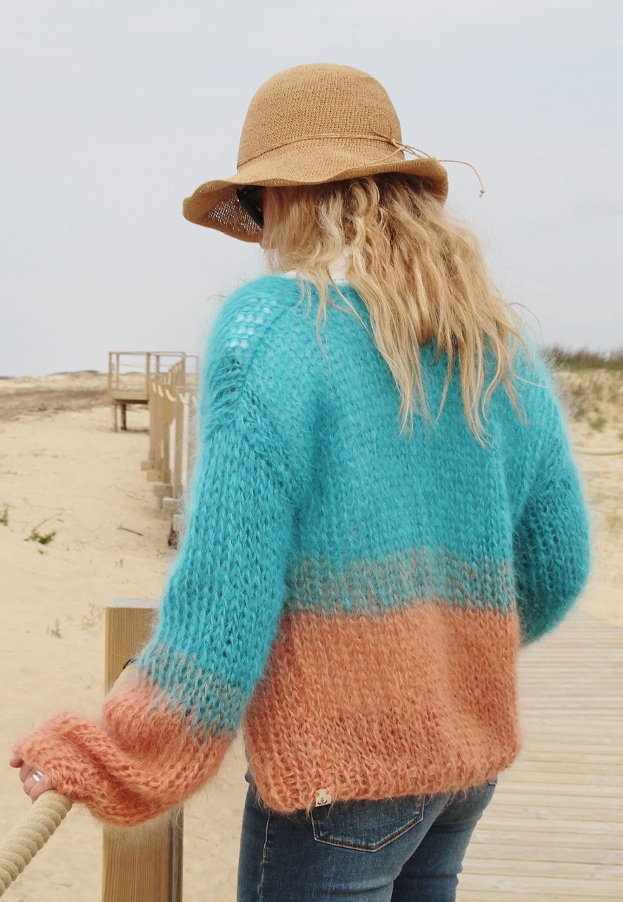 GILET MOHAIR TURQUOISE/ABRICOT