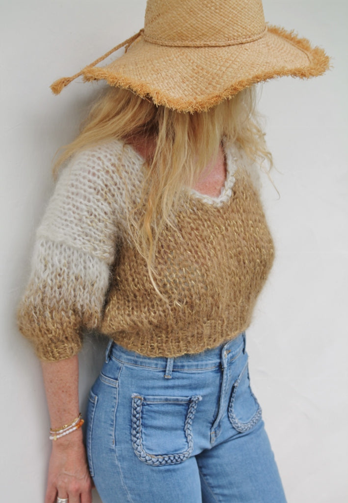 PULL MANCHES COURTES BEIGE/ECRU