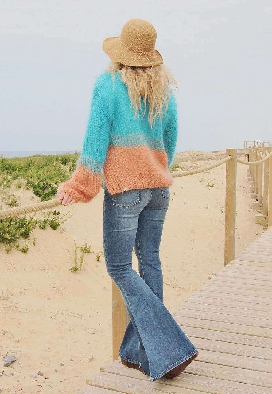 GILET MOHAIR TURQUOISE/ABRICOT